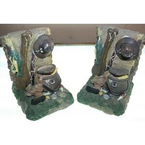 Fisherman Bookends Pair Fishing Gear Boots Hat Heavy Resin Material Home Decor